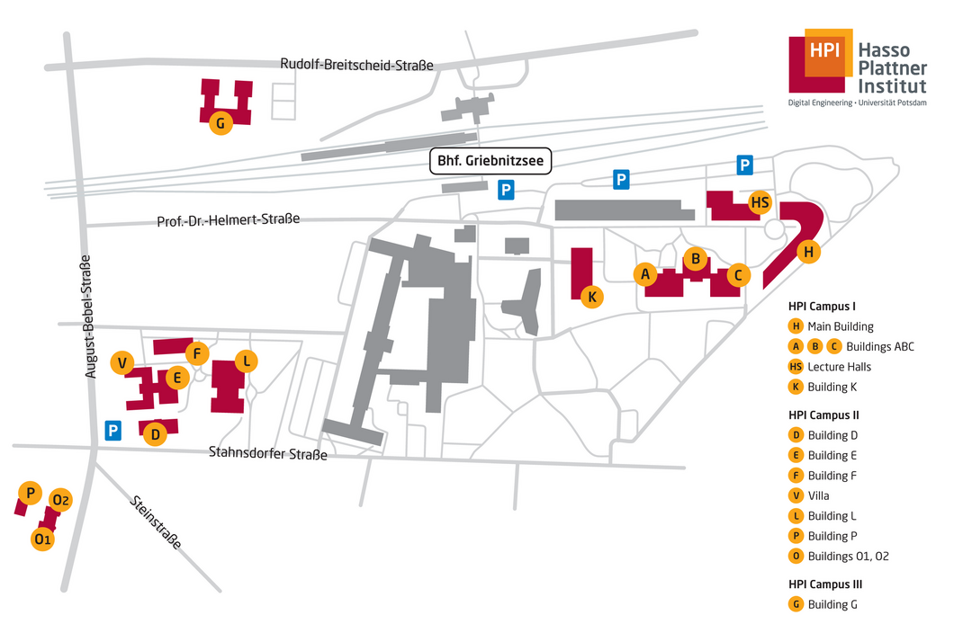HPI campus map: Campus I along Prof.-Dr.-Helmert-Straße, Campus II with buildings D, E, F, L, P, O1 and O2 south of Stahnsdorfer Straße, Campus III with building G